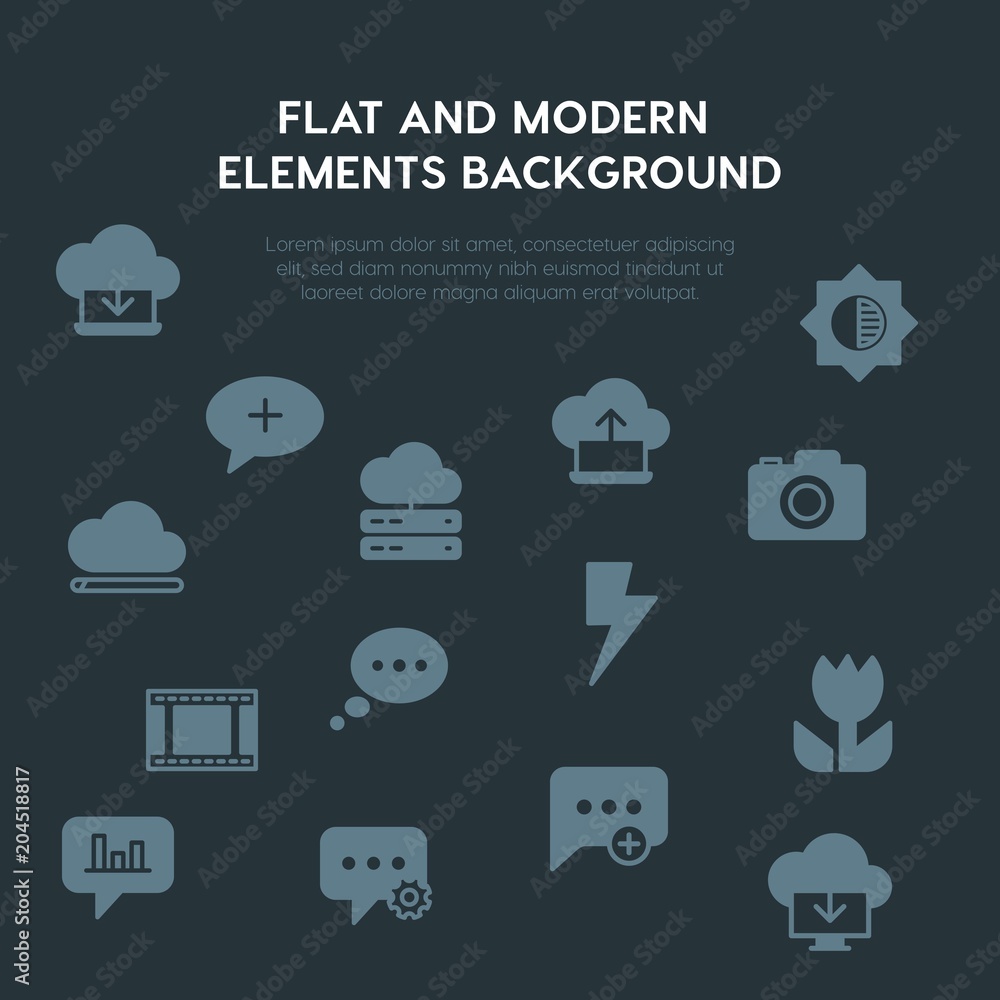 Poster cloud and networking, chat and messenger, video, photos fill vector icons and elements background co