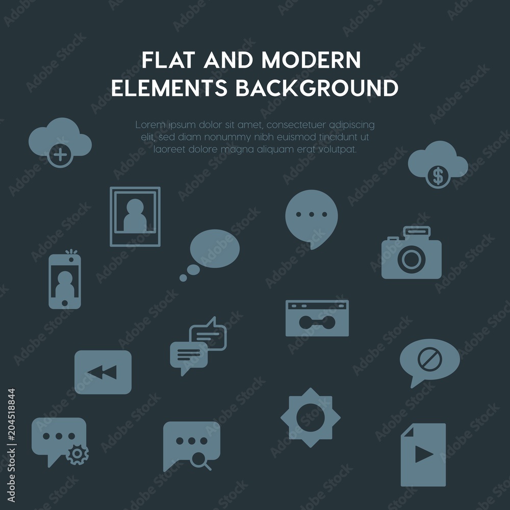 Poster cloud and networking, chat and messenger, video, photos fill vector icons and elements background co