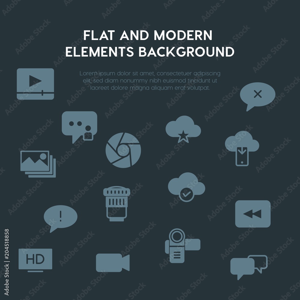 Poster cloud and networking, chat and messenger, video, photos fill vector icons and elements background co