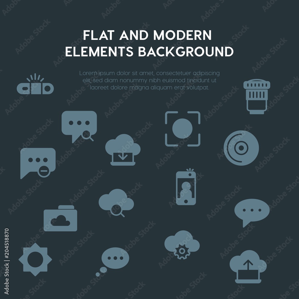 Poster cloud and networking, chat and messenger, video, photos fill vector icons and elements background co