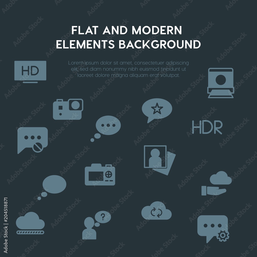 Poster cloud and networking, chat and messenger, video, photos fill vector icons and elements background co