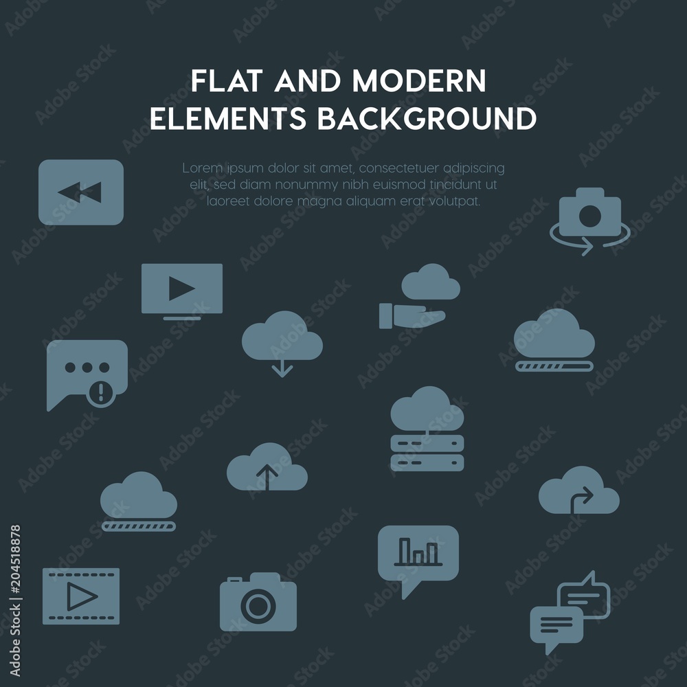 Poster cloud and networking, chat and messenger, video, photos fill vector icons and elements background co