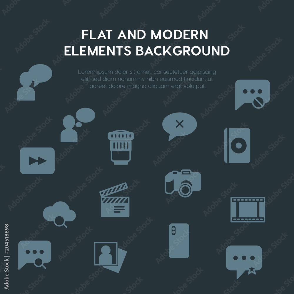 Poster cloud and networking, chat and messenger, video, photos fill vector icons and elements background co