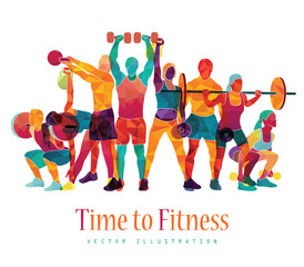 Time to fitness. Detailed vector illustration silhouettes strong people. Sport fitness, gym body-building, crossfit, workout, powerlifting. Healthy lifestyle. Vector illustration.