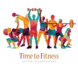  Time to fitness. Detailed vector illustration silhouettes strong people. Sport fitness, gym body-building, crossfit, workout, powerlifting. Healthy lifestyle. Vector illustration. © lisakolbasa