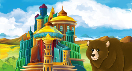 cartoon scene with beautiful castle and some bear - illustration for children