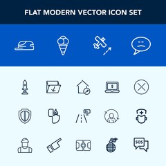 Modern, simple vector icon set with spaceship, chat, trash, flame, bubble, cap, dessert, increase, hat, box, laptop, waste, fashion, object, traffic, airplane, protect, shield, computer, lighter icons