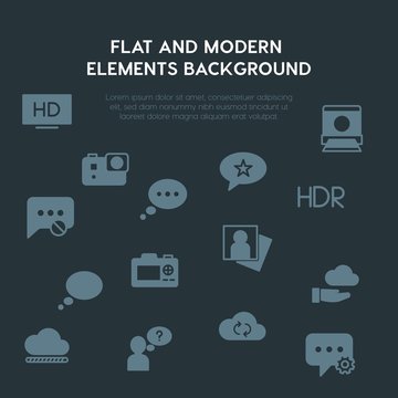 cloud and networking, chat and messenger, video, photos fill vector icons and elements background concept on dark background.Multipurpose use on websites, presentations, brochures and more