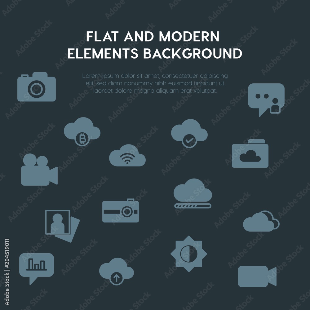 Poster cloud and networking, chat and messenger, video, photos fill vector icons and elements background co