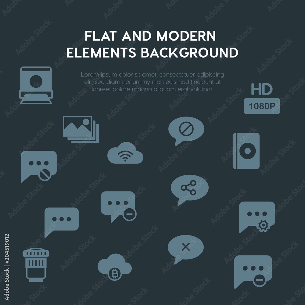 Poster cloud and networking, chat and messenger, video, photos fill vector icons and elements background co