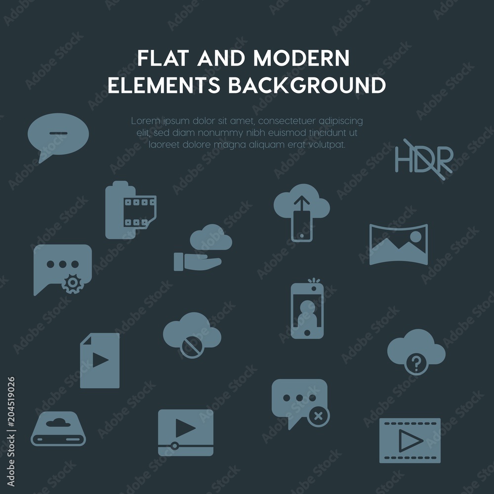 Poster cloud and networking, chat and messenger, video, photos fill vector icons and elements background co