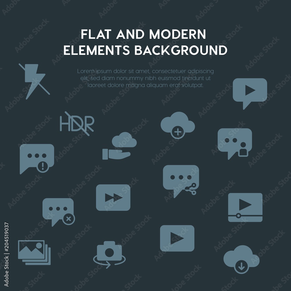 Poster cloud and networking, chat and messenger, video, photos fill vector icons and elements background co