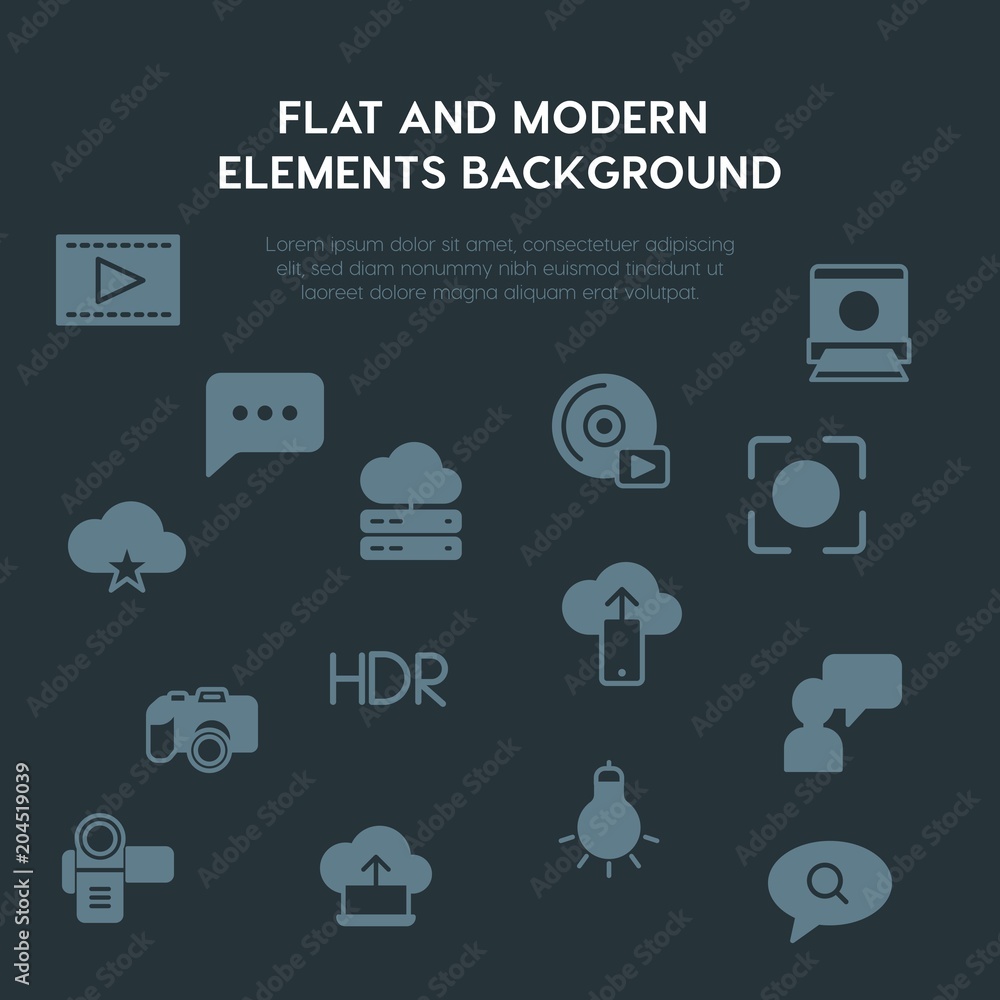 Poster cloud and networking, chat and messenger, video, photos fill vector icons and elements background co