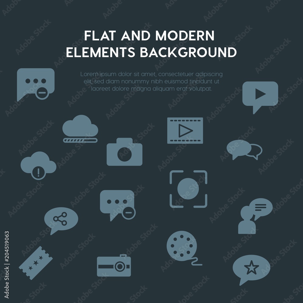 Poster cloud and networking, chat and messenger, video, photos fill vector icons and elements background co