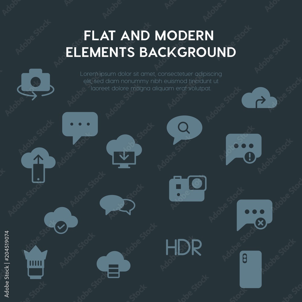 Poster cloud and networking, chat and messenger, video, photos fill vector icons and elements background co