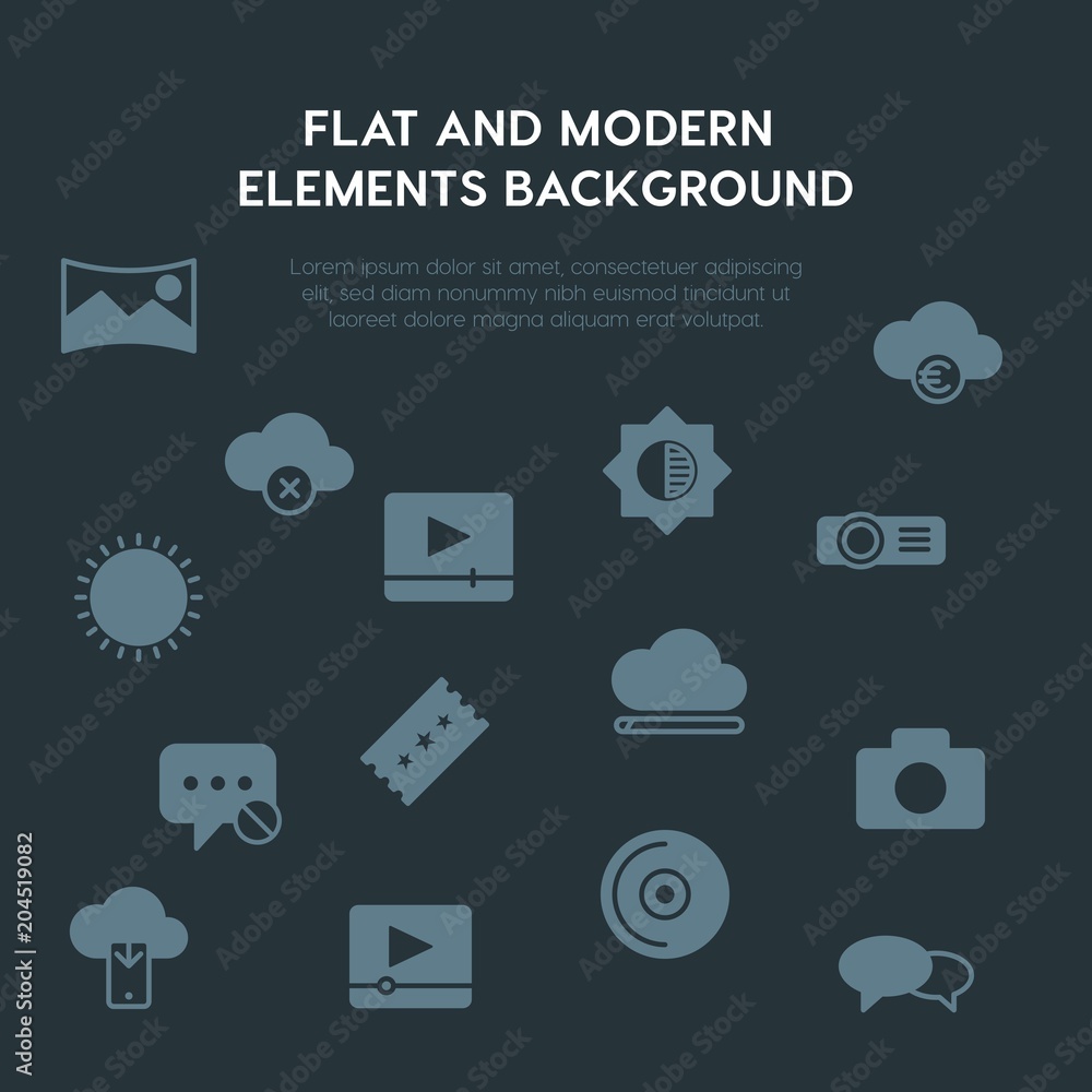 Poster cloud and networking, chat and messenger, video, photos fill vector icons and elements background co