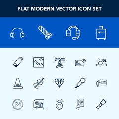 Modern, simple vector icon set with ladder, machine, microphone, up, suitcase, photography, photo, bag, cash, currency, craft, jewelry, violoncello, audio, money, sew, bomb, call, stereo, music icons