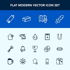 Modern, simple vector icon set with drop, brick, sword, blade, shattered, bell, sky, transportation, liquid, security, pencil, air, ring, magnetic, sign, window, rain, knight, apartment, door icons