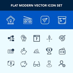 Modern, simple vector icon set with animal, map, pin, wildlife, aircraft, musical, instrument, sign, investment, birdhouse, radio, people, bag, home, direction, plane, location, wooden, folk icons