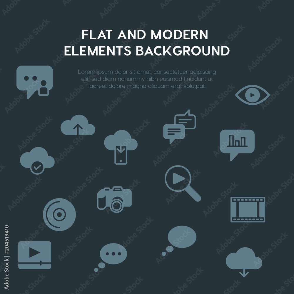 Poster cloud and networking, chat and messenger, video, photos fill vector icons and elements background co