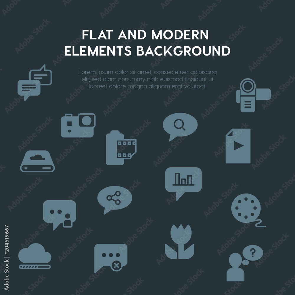 Poster cloud and networking, chat and messenger, video, photos fill vector icons and elements background co