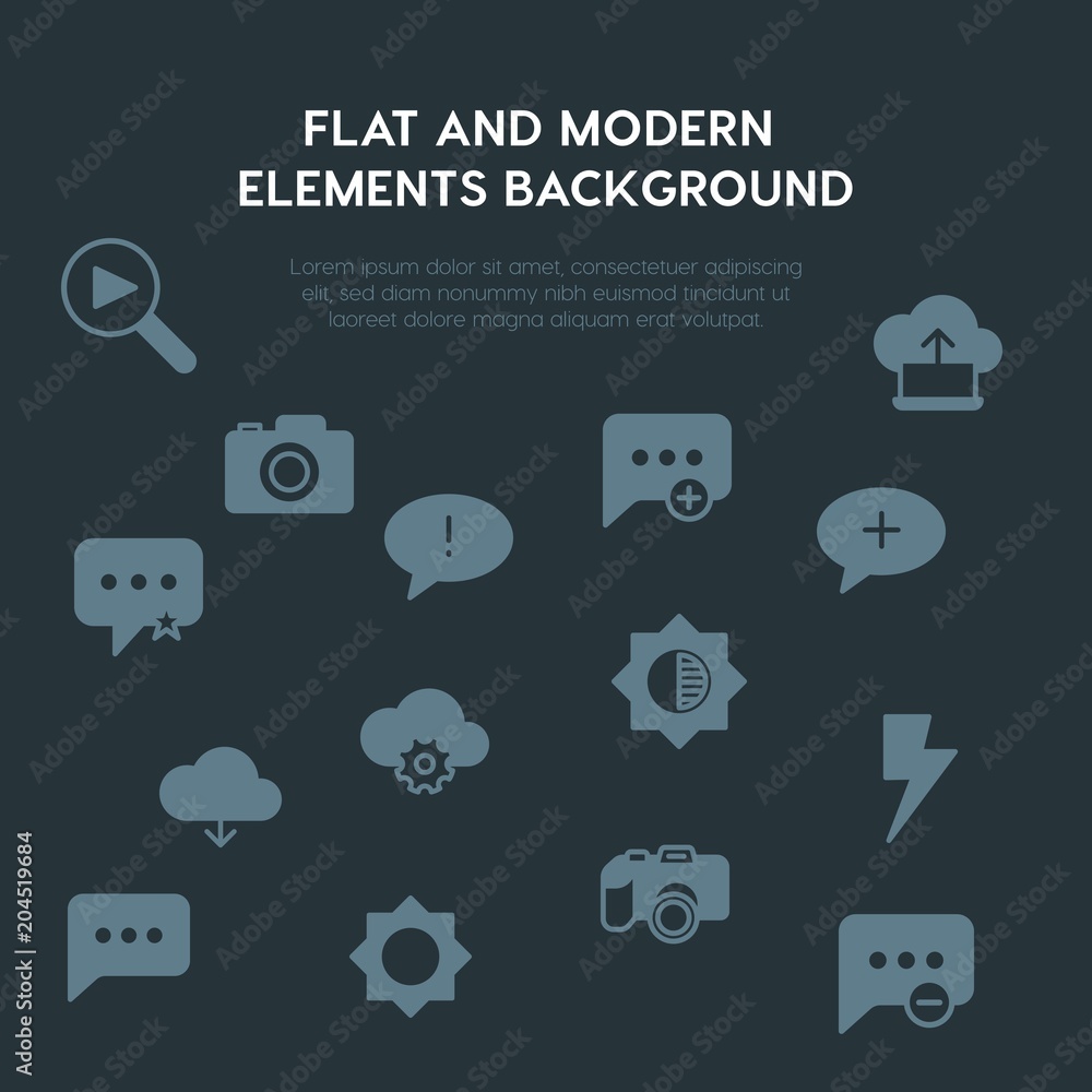 Poster cloud and networking, chat and messenger, video, photos fill vector icons and elements background co