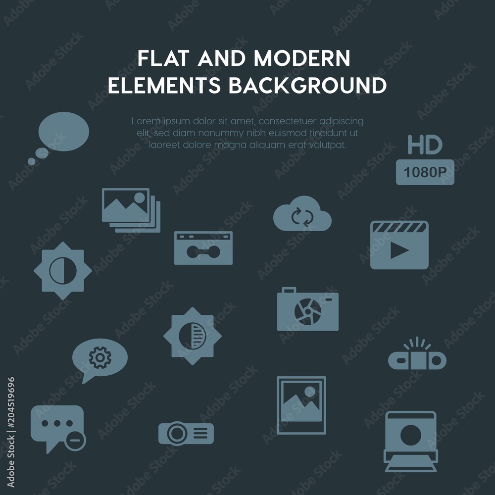 Poster cloud and networking, chat and messenger, video, photos fill vector icons and elements background co