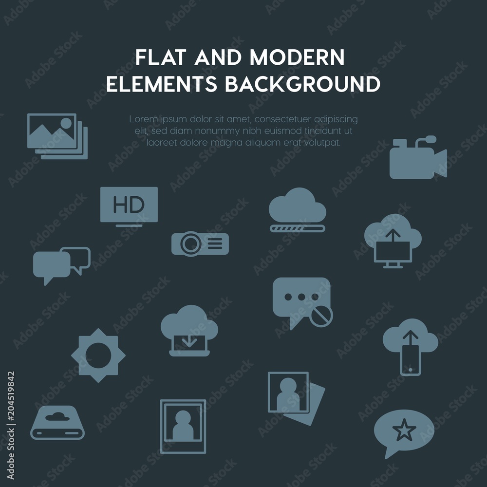 Poster cloud and networking, chat and messenger, video, photos fill vector icons and elements background co