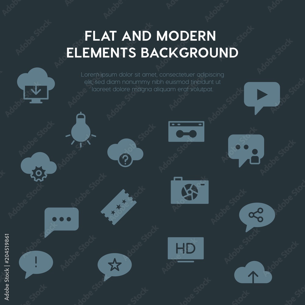 Poster cloud and networking, chat and messenger, video, photos fill vector icons and elements background co