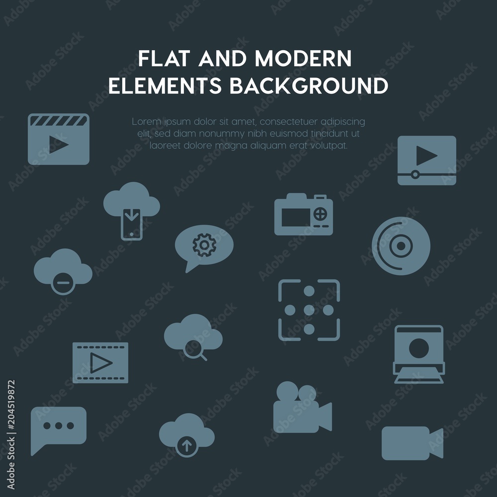 Poster cloud and networking, chat and messenger, video, photos fill vector icons and elements background co