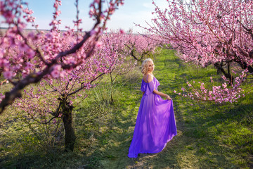 beautiful blonde in a blossoming garden, peach garden in spring on a Sunny day