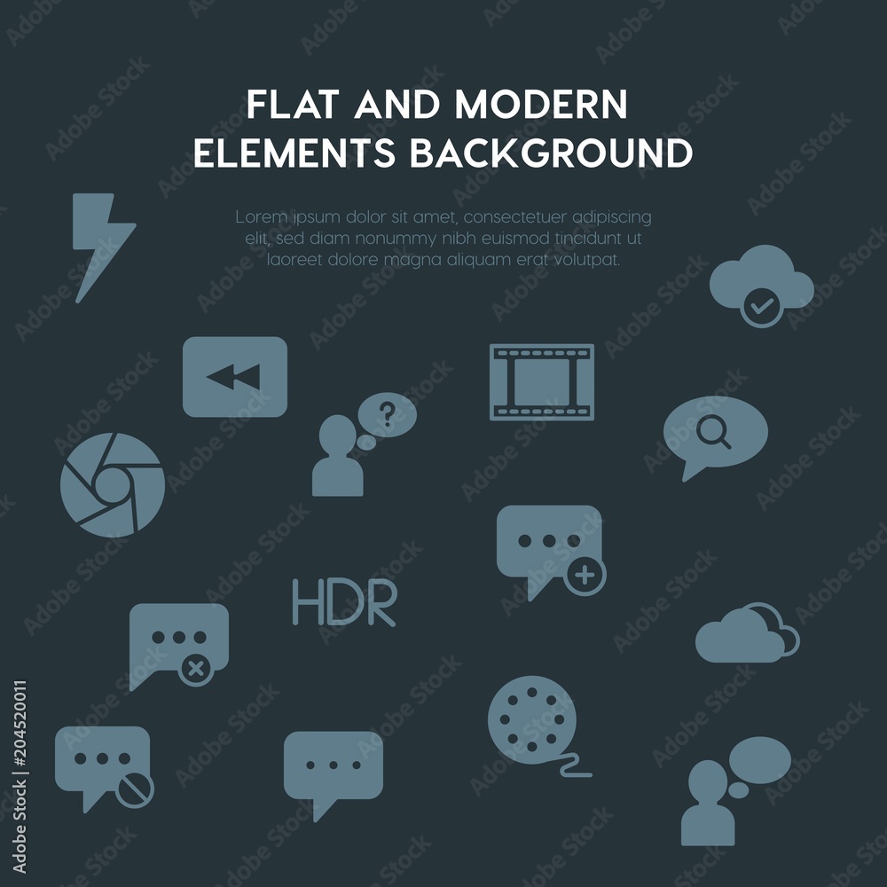 Poster cloud and networking, chat and messenger, video, photos fill vector icons and elements background co