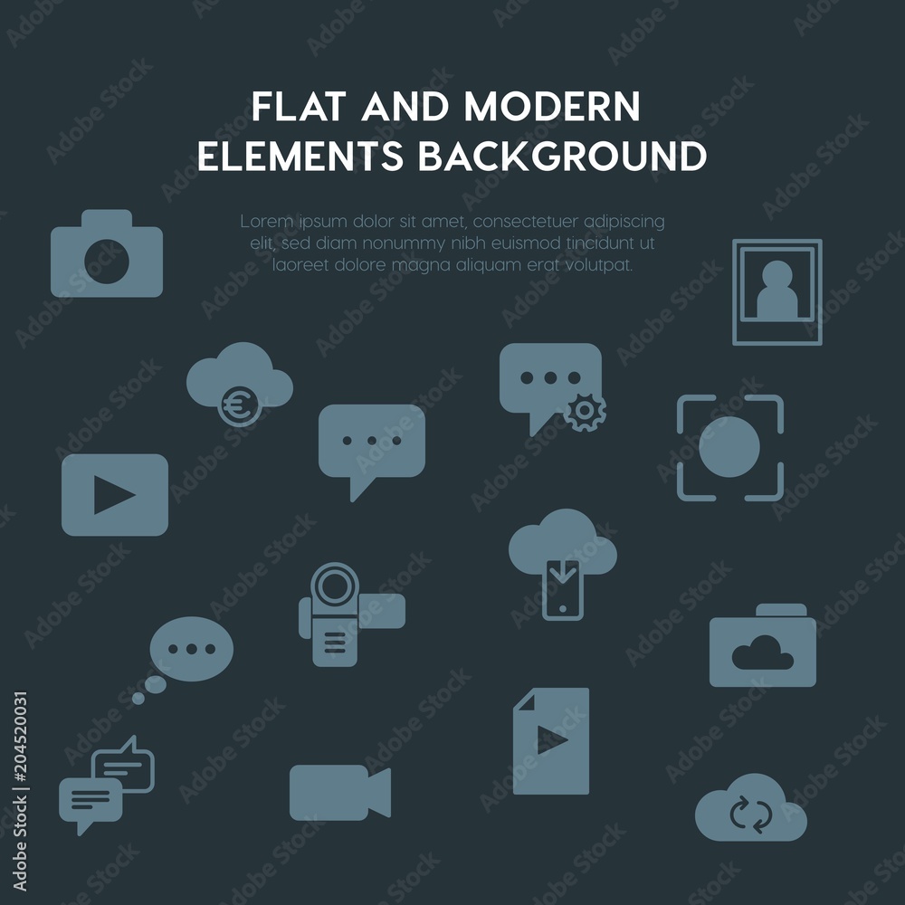 Poster cloud and networking, chat and messenger, video, photos fill vector icons and elements background co