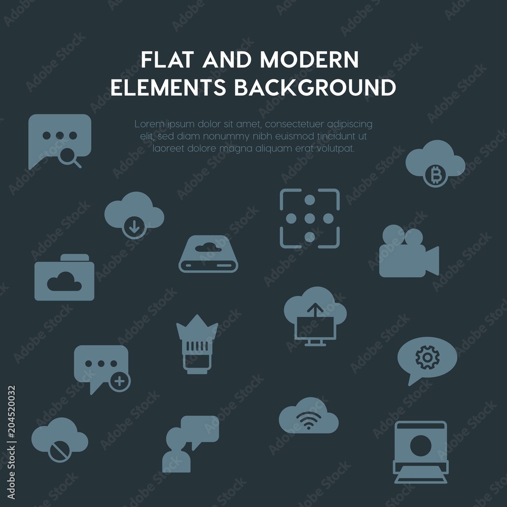 Poster cloud and networking, chat and messenger, video, photos fill vector icons and elements background co