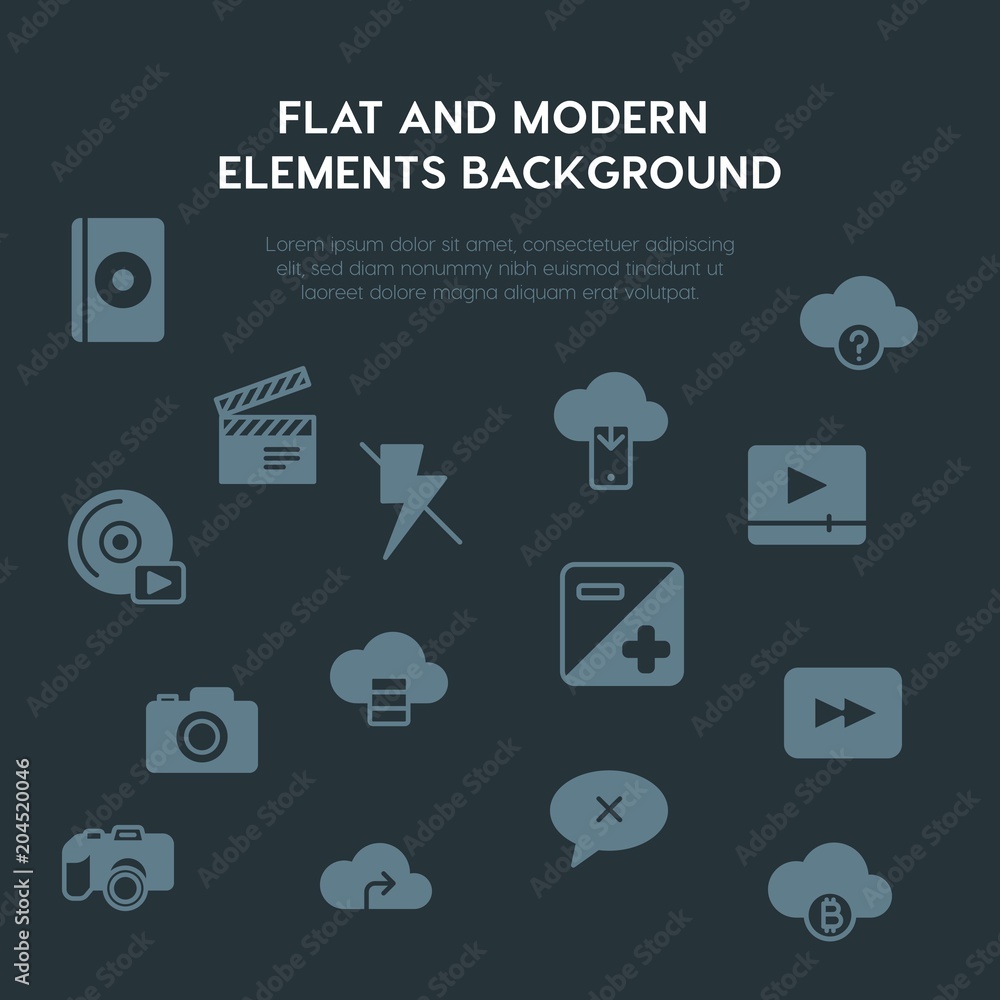 Poster cloud and networking, chat and messenger, video, photos fill vector icons and elements background co