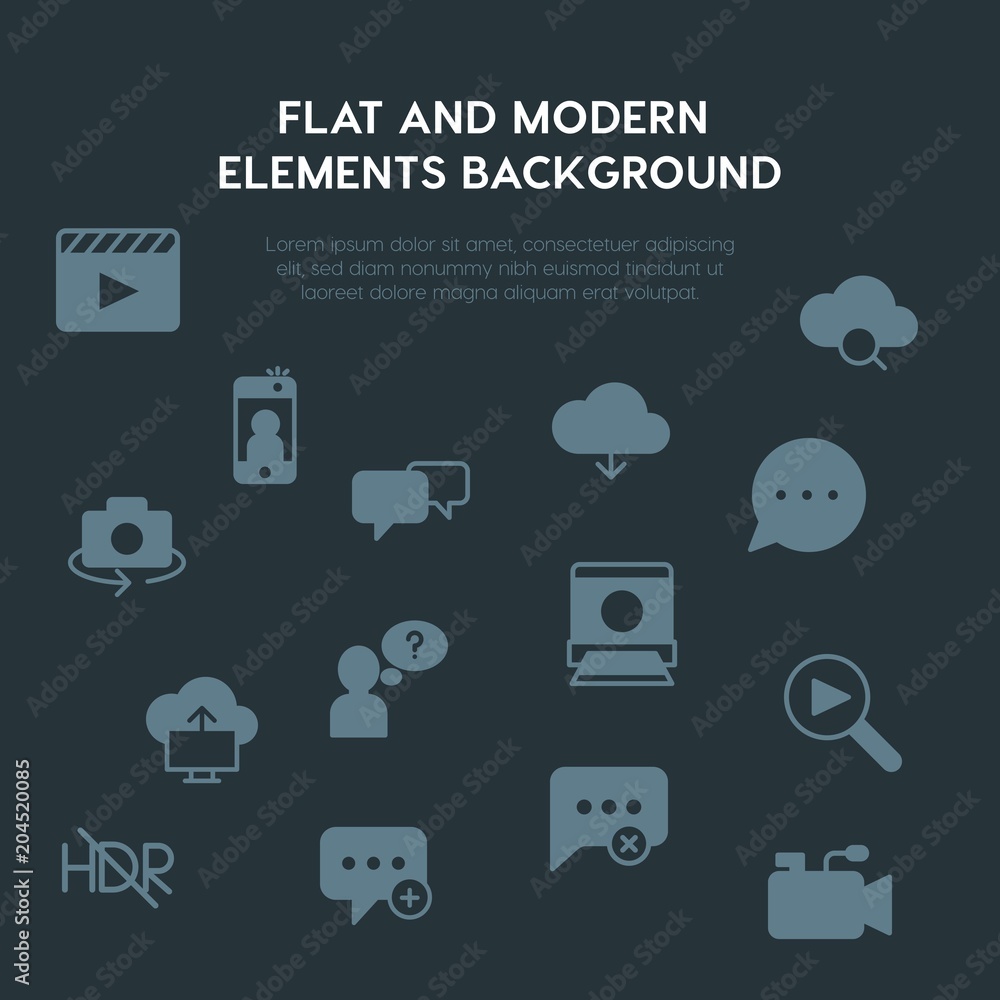 Poster cloud and networking, chat and messenger, video, photos fill vector icons and elements background co