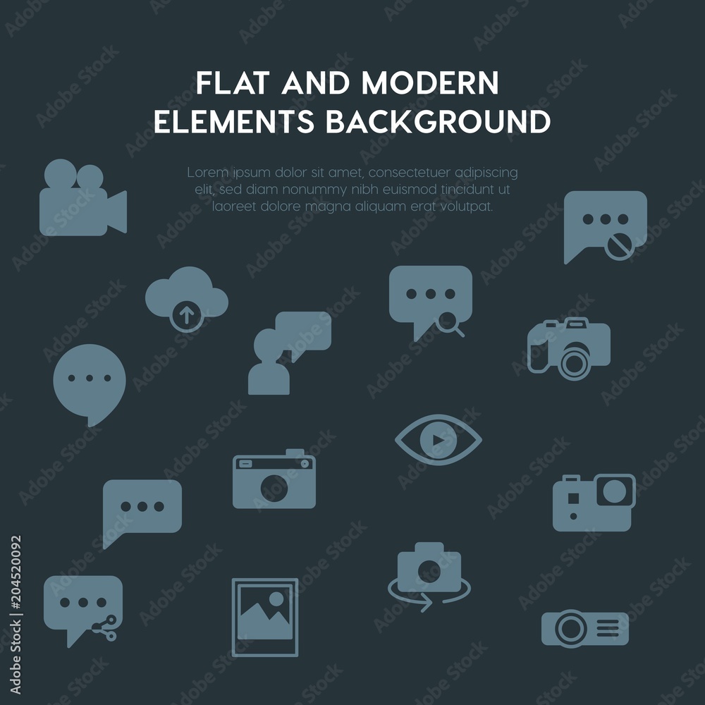 Poster cloud and networking, chat and messenger, video, photos fill vector icons and elements background co