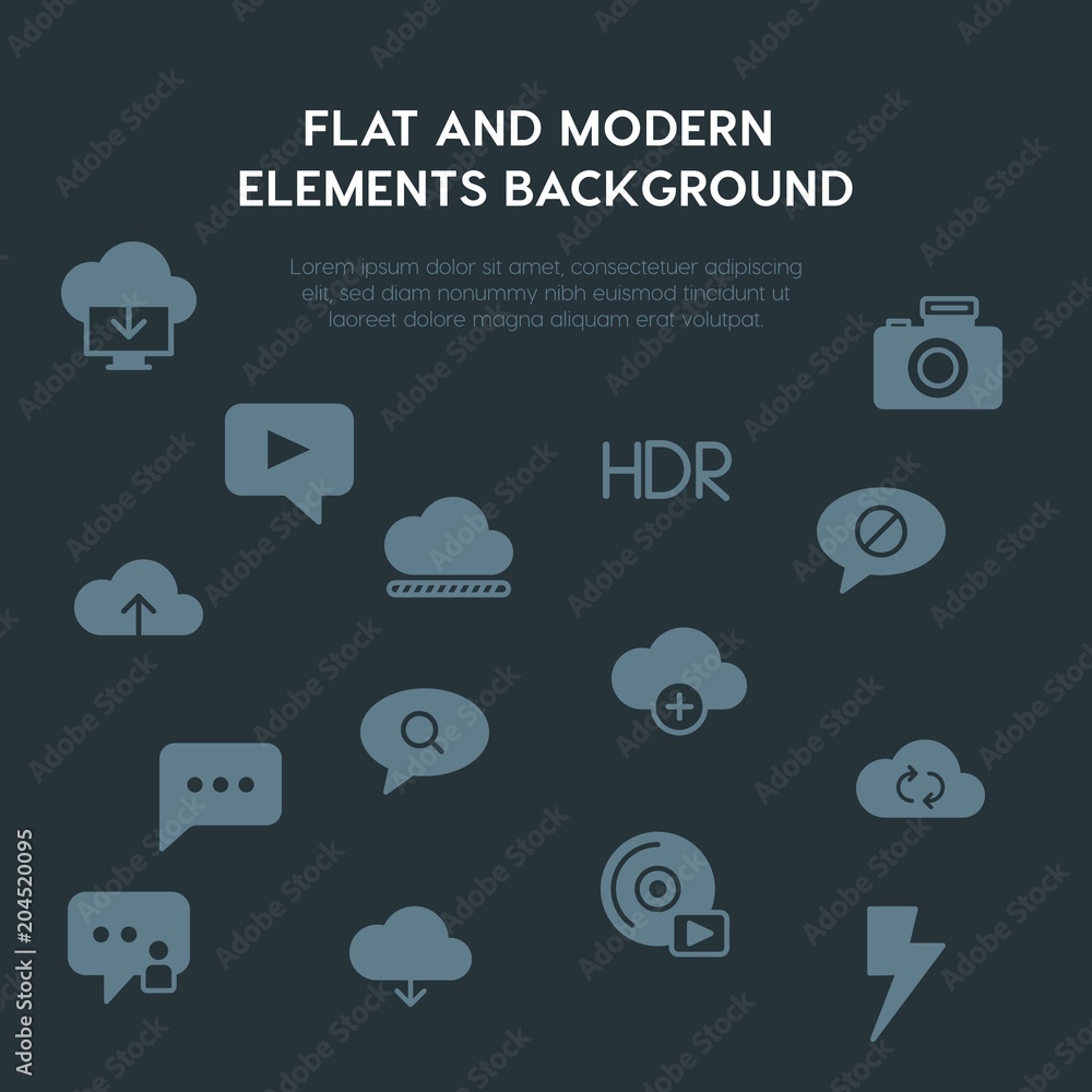 Poster cloud and networking, chat and messenger, video, photos fill vector icons and elements background co