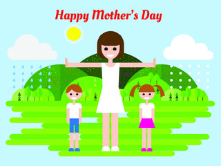 Spring vector illustration for Mother's Day for your site, flyer or greeting card, modern flat design conceptual landscapes with a park and people (a mother, a son, a daughter). - 204520232