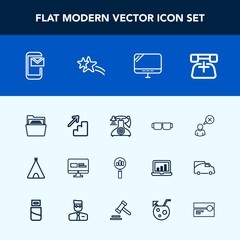 Modern, simple vector icon set with phone, website, email, camp, paper, falling, online, old, adventure, communication, profile, magnifying, downstairs, laptop, cancel, mail, telephone, up, file icons