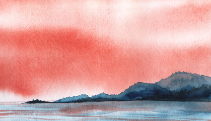 Abstract landscape red sunset sky, turquoise water surface of the sea or lake distant mountainous shore. Hand-drawn on paper is a real watercolor illustration.