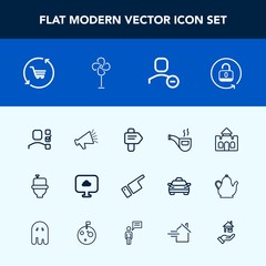 Modern, simple vector icon set with showing, medieval, sound, lock, web, security, unlock, architecture, loudspeaker, cloud, open, delete, restroom, speaker, personal, finger, tower, people, wc icons