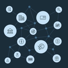 Abstract background with polygonal connected lines and business, money, shopping outline icons. Can be use for websites, mobile apps, presentations and other design works