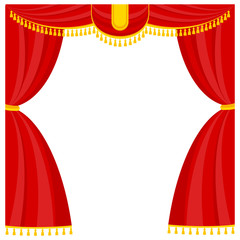 Curtains with lambrequins on the stage of the theater, concert hall. Decorations for the opening ceremony, at the premiere, awarding or other solemn official event