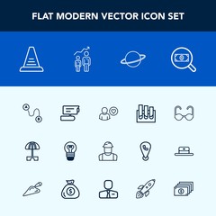 Modern, simple vector icon set with orbit, umbrella, camera, laboratory, step, astronomy, view, sun, worker, video, position, up, analysis, search, research, construction, medicine, summer, lamp icons