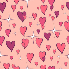Fototapeta na wymiar Seamless vector pattern of hearts with shine in cartoon style