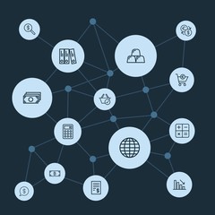 Abstract background with polygonal connected lines and business, money, shopping outline icons. Can be use for websites, mobile apps, presentations and other design works