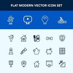 Modern, simple vector icon set with ocean, exercise, strategy, decoration, kitchen, estate, sport, security, tea, bugle, building, sea, protection, undersea, musical, emergency, arrow, direction icons