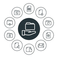 folder, bookmarks, files Infographic Circle outline Icons Set. Contains such Icons as  office, business,  upload,  document, file,  file,  concept,  storage and more. Fully Editable. Pixel Perfect