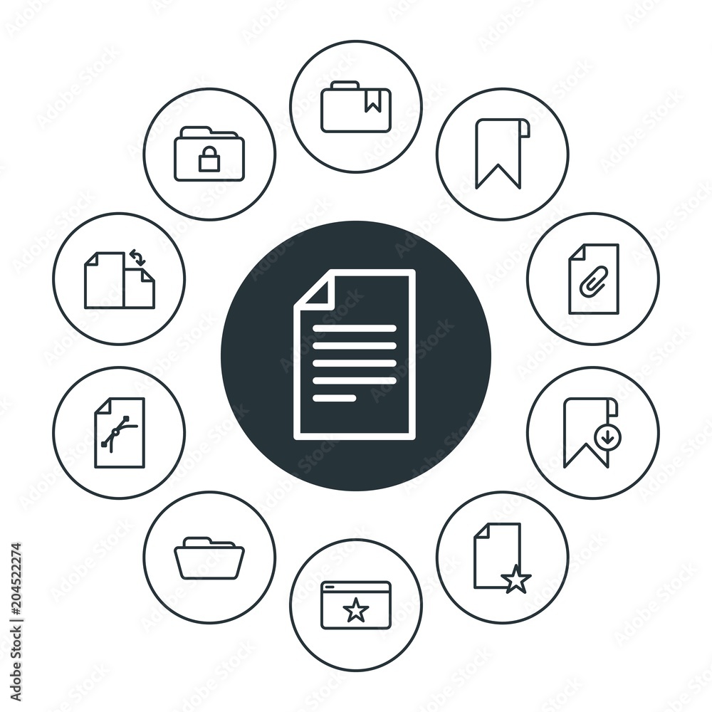 Poster folder, bookmarks, files infographic circle outline icons set. contains such icons as file, rotation